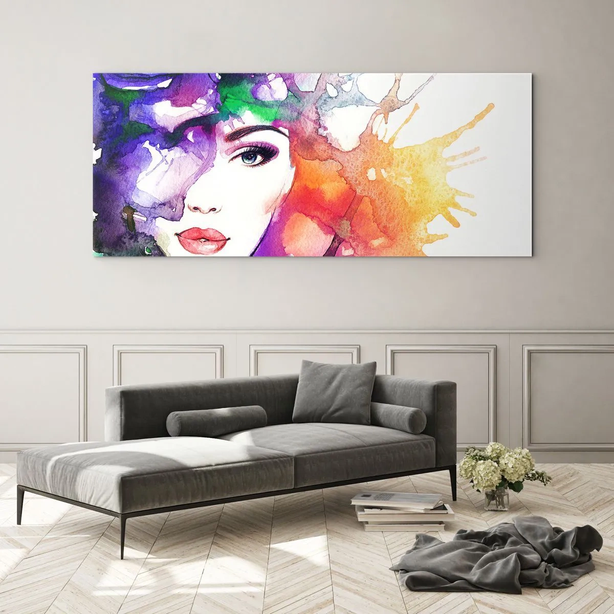 Glasbild - Bild auf glas - Porträt einer Frau in Aquarellfarben mit abstrakten Flecken - 160x50cm - Mit dem Kopf in den Wolken - Moderne Wanddekoration für Wohnzimmer und Schlafzimmer ARTTOR