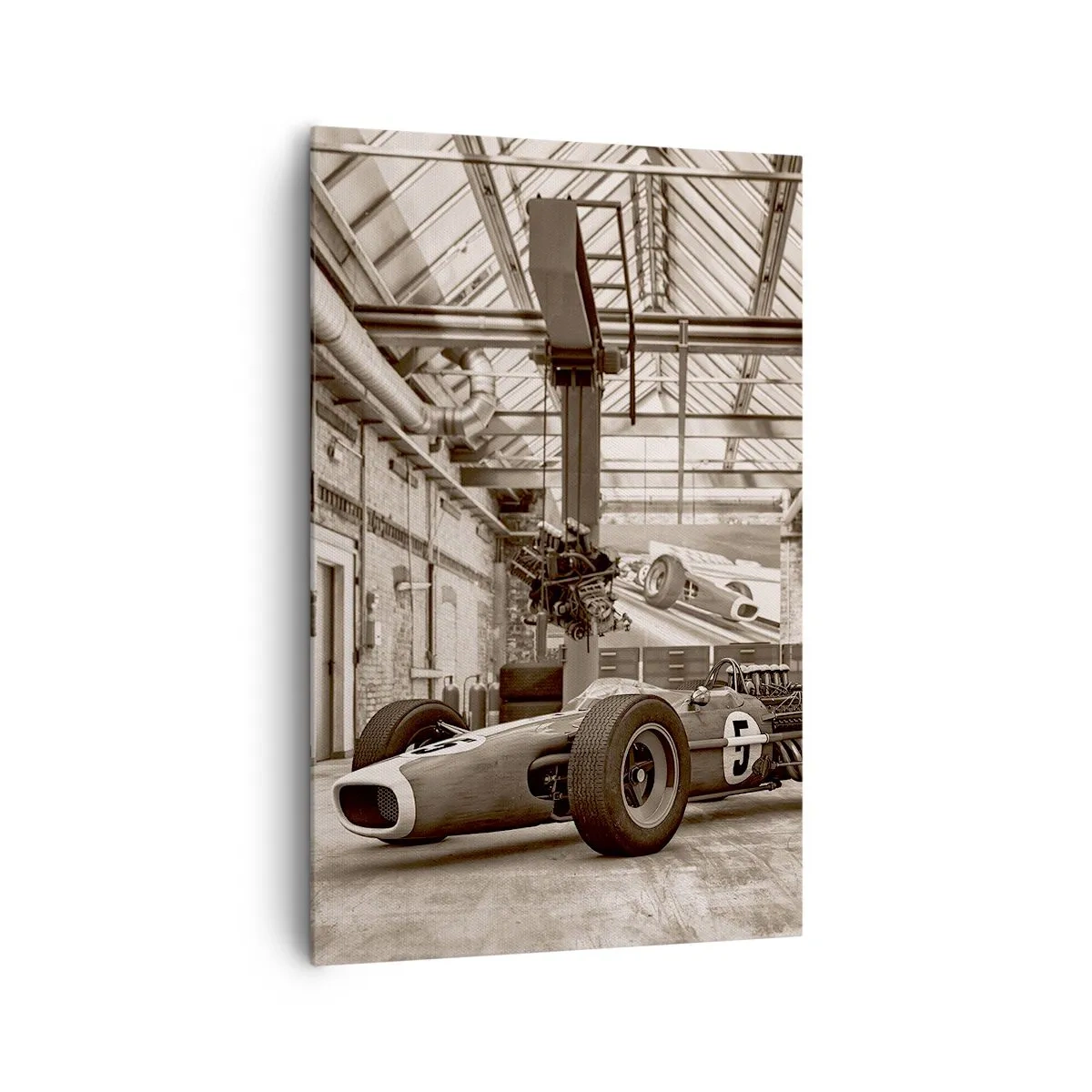 Bild auf Leinwand - Leinwandbild - Schwarz-weißer Rennwagen in einem industriellen Interieur - 80x120cm - Die Siegerruhe - Moderne Wanddekoration für Wohnzimmer und Schlafzimmer ARTTOR