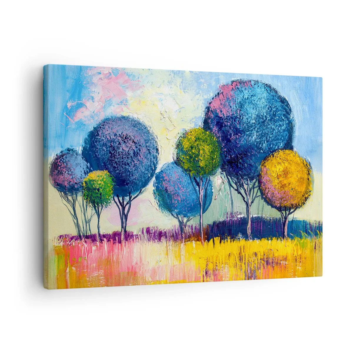 Bild auf Leinwand - Leinwandbild - Bunte kugelförmige Bäume vor dem Hintergrund einer Landschaft - 70x50cm - Kugel - die Form des Ideals - Moderne Wanddekoration für Wohnzimmer und Schlafzimmer ARTTOR