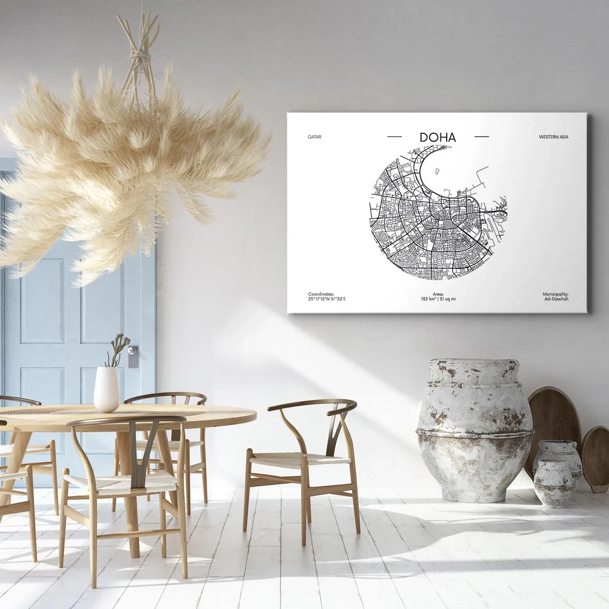 Bild auf Leinwand - Leinwandbild - Eine minimalistische Karte von Doha in Schwarzweiß mit präzisen Details. - 70x50cm - Anatomie von Doha - Moderne Wanddekoration für Wohnzimmer und Schlafzimmer ARTTOR