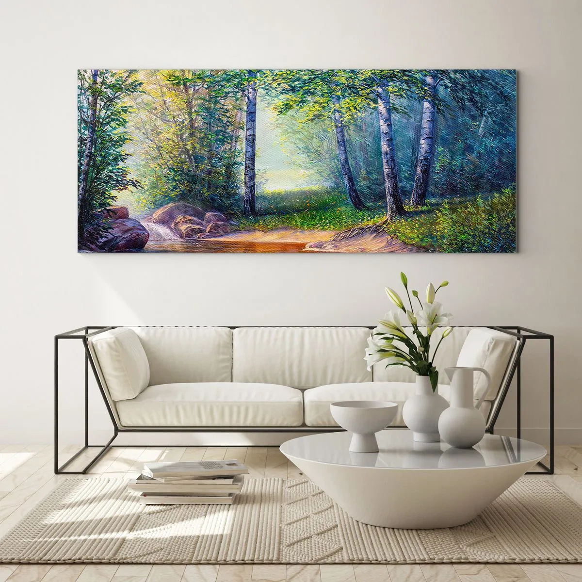 Glasbild - Bild auf glas - Ein Waldbach, umgeben von Birken und Sonnenschein - 120x50cm - Idyllische Landschaft - Moderne Wanddekoration für Wohnzimmer und Schlafzimmer ARTTOR