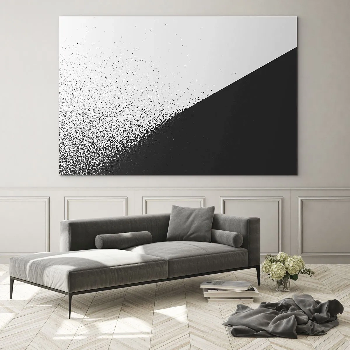 Glasbild - Bild auf glas - Eine minimalistische Komposition in Schwarz-Weiß mit Zerfallseffekt - 70x50cm - Immer schneller, immer mehr - Moderne Wanddekoration für Wohnzimmer und Schlafzimmer ARTTOR