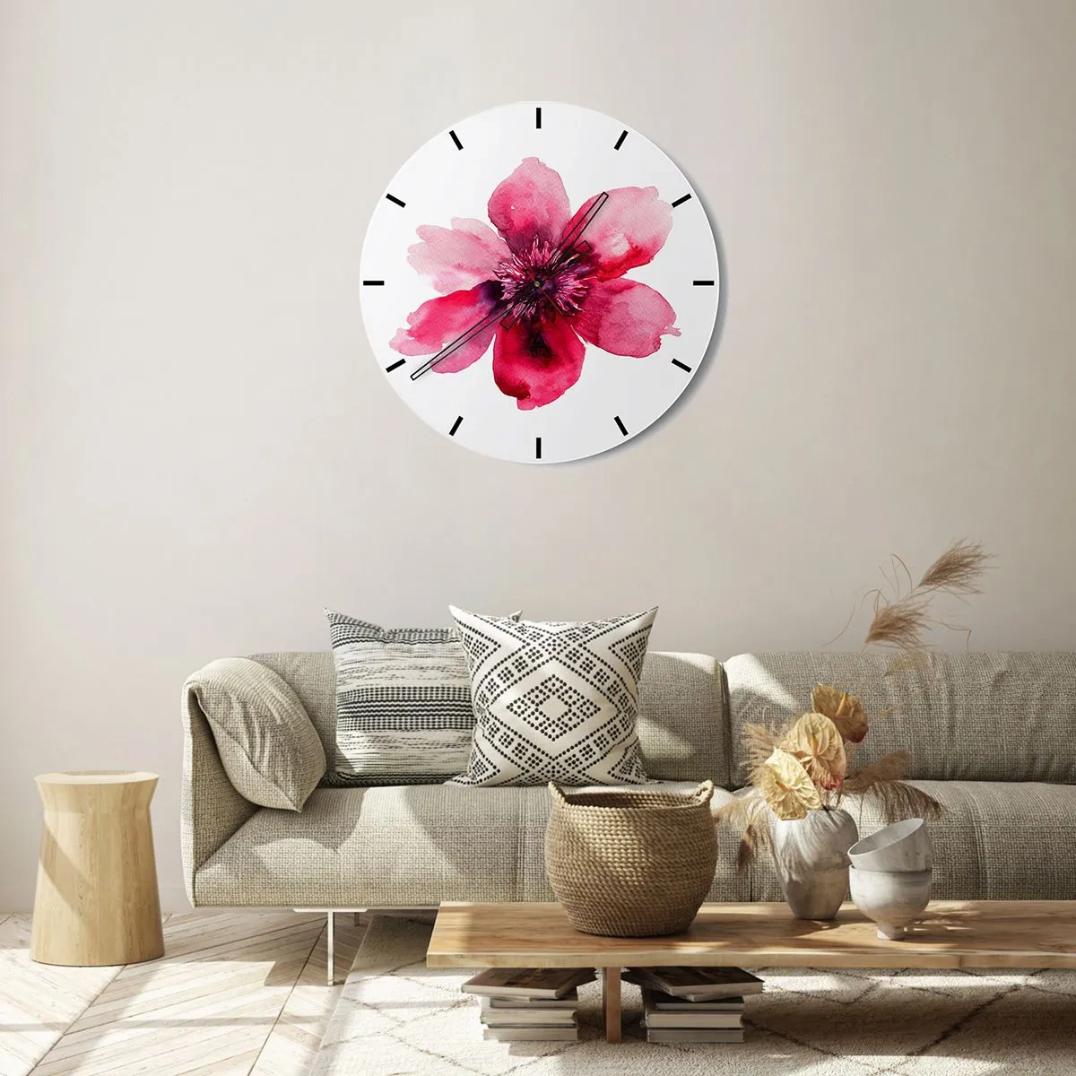 Wanduhr - Glasuhr - Aquarell rote Blumenkomposition - 30x30cm - Ein nach Karmin duftender Kuss - Moderne Wanddekoration für Wohnzimmer, Küche und Schlafzimmer ARTTOR