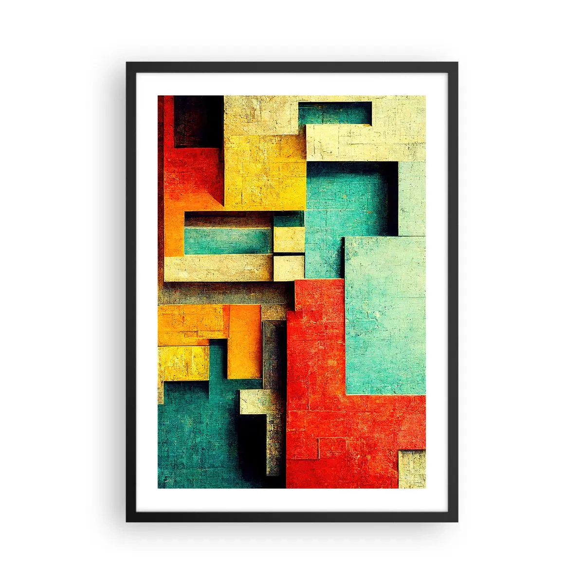 Poster in einem schwarzem Rahmen - Geometrische Abstraktion in lebendigen Farben - 50x70cm - Festival der rechten Winkel - Moderne Wanddekoration für Wohnzimmer und Schlafzimmer ARTTOR