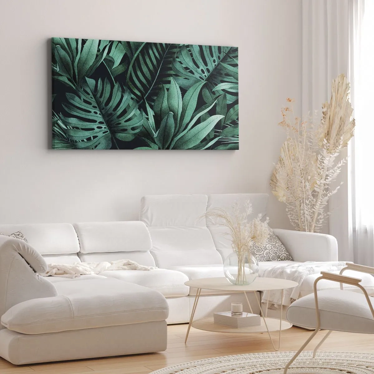 Bild auf Leinwand - Leinwandbild - Tropische Blätter in intensiven Grüntönen - 140x50cm - Die Tiefe des tropischen Grüns - Moderne Wanddekoration für Wohnzimmer und Schlafzimmer ARTTOR
