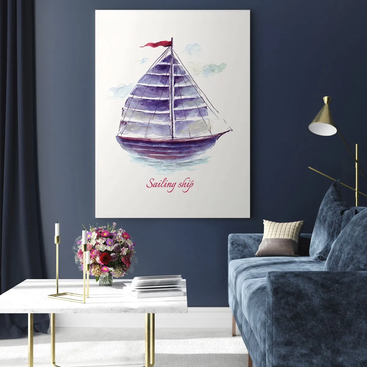 Glasbild - Bild auf glas - Aquarell Segelschiff mit der Aufschrift Segelschiff - 50x70cm - Volle Segel und ruhiges Wasser - Moderne Wanddekoration für Wohnzimmer und Schlafzimmer ARTTOR