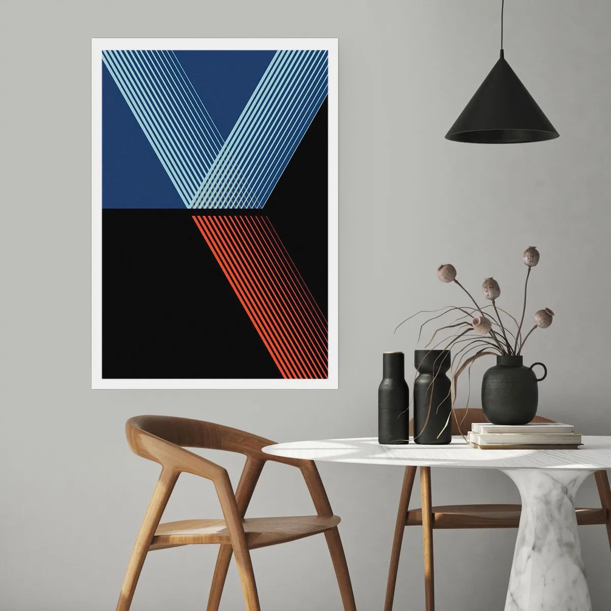 Poster - Abstrakte Linienkomposition in Blau, Schwarz und Rot - 50x70cm - Eine einfache Geschichte - Moderne Wanddekoration für Wohnzimmer und Schlafzimmer ARTTOR