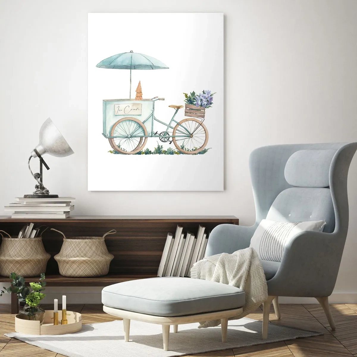 Glasbild - Bild auf glas - Ein Fahrrad mit Eis und Blumen unter einem Regenschirm in zarten Pastellfarben - 70x100cm - Süße Erinnerung an den Sommer - Moderne Wanddekoration für Wohnzimmer und Schlafzimmer ARTTOR