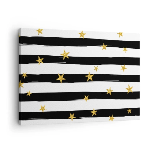 Bild auf Leinwand - Leinwandbild - Schwarz-weiße Streifen mit goldenen Sternen - 70x50cm - Wir wurden alle unter einem glücklichen Stern geboren - Moderne Wanddekoration für Wohnzimmer und Schlafzimmer ARTTOR