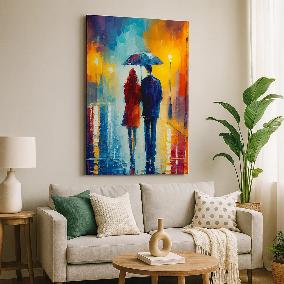 Bild auf Leinwand - Leinwandbild - Ein Paar unter einem Regenschirm, das durch eine farbenfrohe Nachtstadt spaziert - 50x70cm - Gemeinsam – eine bunte Nacht - Moderne Wanddekoration für Wohnzimmer und Schlafzimmer ARTTOR