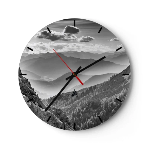 Wanduhr - Glasuhr - Schwarz-weiße Berglandschaft mit Nebel- und Wolkenschichten - 30x30cm - Bis zum Horizont - Moderne Wanddekoration für Wohnzimmer, Küche und Schlafzimmer ARTTOR