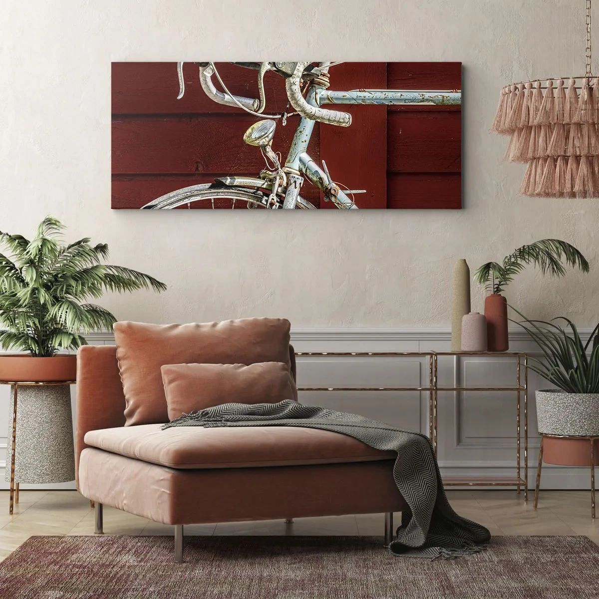 Bild auf Leinwand - Leinwandbild - Ein Vintage-Fahrrad vor einer roten Holzwand - 160x50cm - Geschaffen um zu siegen - Moderne Wanddekoration für Wohnzimmer und Schlafzimmer ARTTOR
