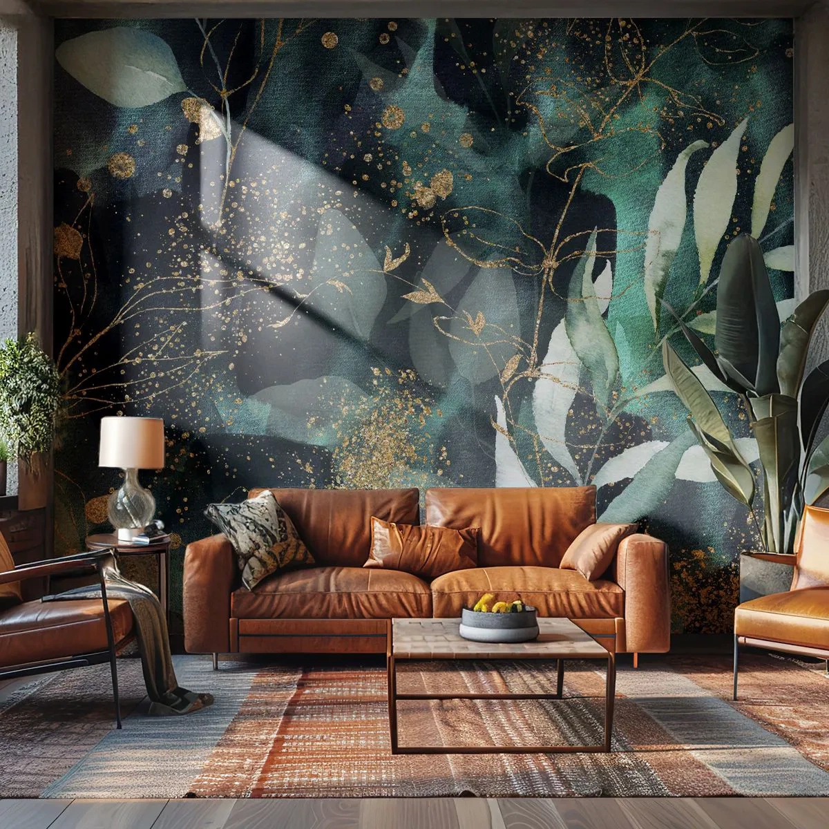 Fototapete Premium Sand - Grüne Blätter und goldene Akzente auf dunklem, glamourösem Hintergrund - 100x70cm - Zaubergarten - Moderne Wanddekoration für Wohnzimmer und Schlafzimmer ARTTOR