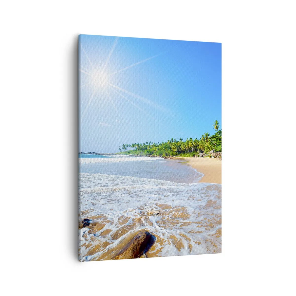 Bild auf Leinwand - Leinwandbild - Tropischer Strand mit Palmen und blauem Himmel - 50x70cm - Ein exotischer Ort für dich - Moderne Wanddekoration für Wohnzimmer und Schlafzimmer ARTTOR