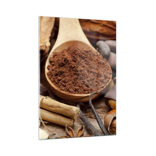 Glasbild - Bild auf glas - Ein Löffel Kakao, umgeben von Schokolade, Gewürzen und Nüssen - 50x70cm - Die Beste gegen Sorgen - Moderne Wanddekoration für Wohnzimmer und Schlafzimmer ARTTOR