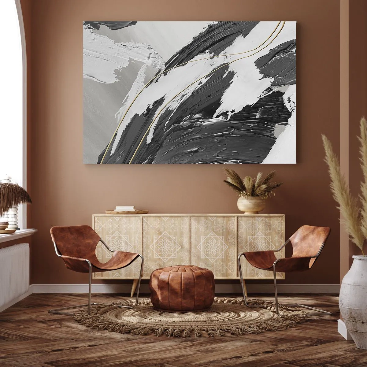 Bild auf Leinwand - Leinwandbild - Schwarze und weiße Pinselstriche mit einem subtilen goldenen Akzent - 70x50cm - Abstraktion in großem Stil - Moderne Wanddekoration für Wohnzimmer und Schlafzimmer ARTTOR