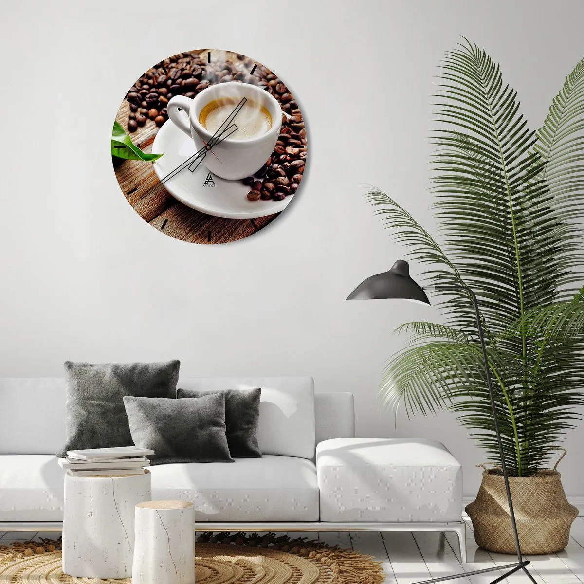 Wanduhr - Glasuhr - Eine Tasse Kaffee mit Bohnen auf einem hölzernen Hintergrund - 30x30cm - Kaffee auf der Bank - Moderne Wanddekoration für Wohnzimmer, Küche und Schlafzimmer ARTTOR