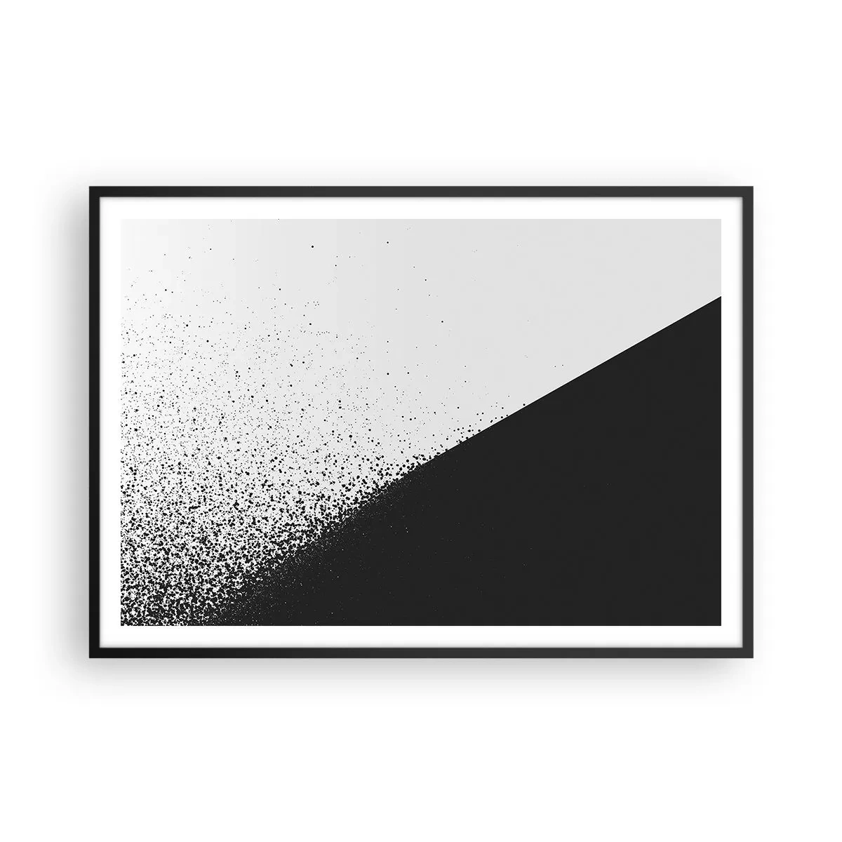 Poster in einem schwarzem Rahmen - Minimalistische Abstraktion in Schwarz und Weiß mit verstreuten Punkten - 100x70cm - Immer schneller, immer mehr - Moderne Wanddekoration für Wohnzimmer und Schlafzimmer ARTTOR