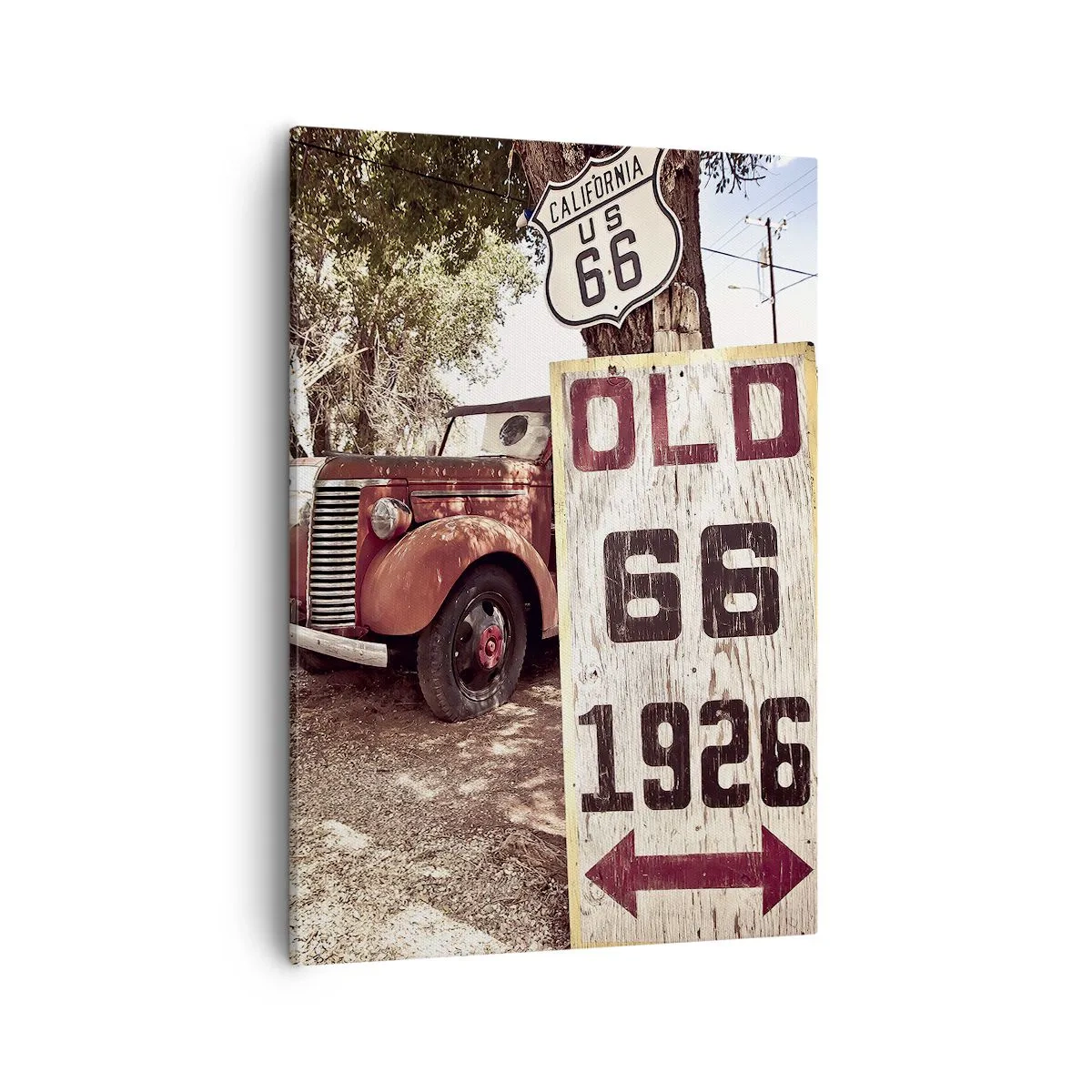 Bild auf Leinwand - Leinwandbild - Retro-Auto und Route 66-Schild in rustikalem Ambiente - 50x70cm - Die Legende der amerikanischen Provinz - Moderne Wanddekoration für Wohnzimmer und Schlafzimmer ARTTOR