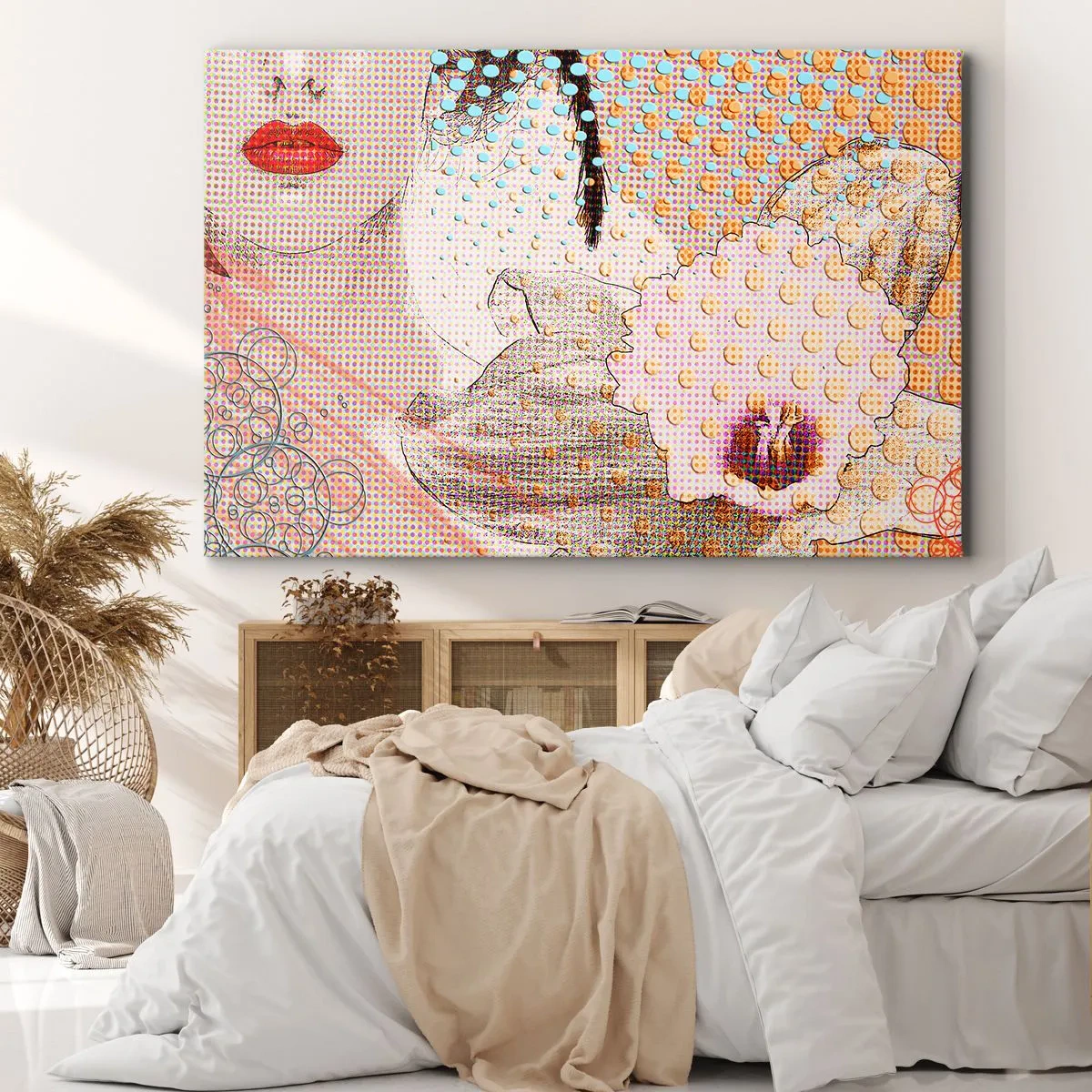 Bild auf Leinwand - Leinwandbild - Abstraktes Kunstwerk mit Mund- und Orchideenmotiv - 70x50cm - Comic-Heldin - Moderne Wanddekoration für Wohnzimmer und Schlafzimmer ARTTOR