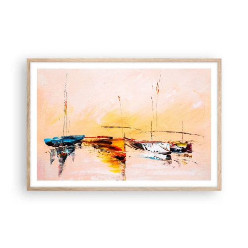 Poster in einem Rahmen aus heller Eiche - Abend im Yachthafen - 91x61 cm