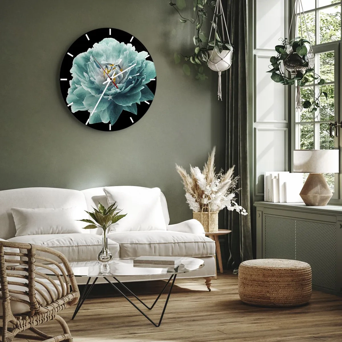 Wanduhr - Glasuhr - Türkisfarbene Pfingstrose auf schwarzem Hintergrund - 30x30cm - Blaue und goldene Blütenblätter - Moderne Wanddekoration für Wohnzimmer, Küche und Schlafzimmer ARTTOR