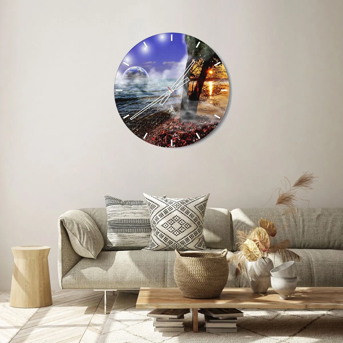 Wanduhr - Glasuhr - Surreale Landschaft - Einheit der Natur - 40x40 cm