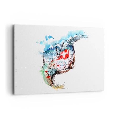 Bild auf Leinwand - Leinwandbild - Eine Aquarelllandschaft der Schweiz im Uhrwerk-Design - 120x80cm - Der Geist der Schweiz - Moderne Wanddekoration für Wohnzimmer und Schlafzimmer ARTTOR