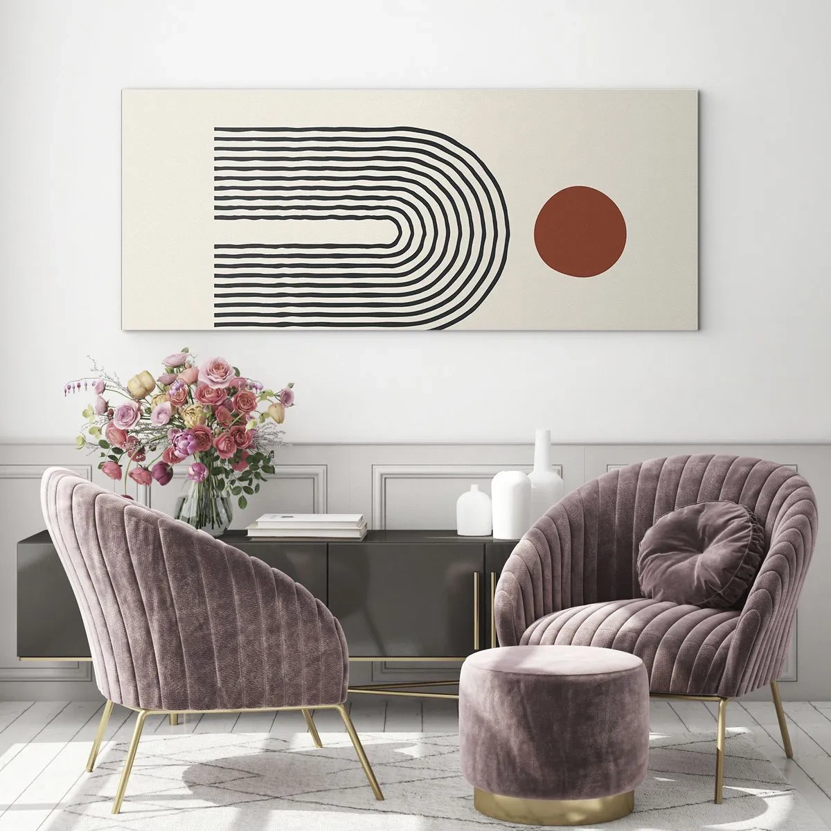 Glasbild - Bild auf glas - Modernes abstraktes Muster mit Linien und einem roten Kreis - 160x50cm - Magnetismus von Formen und Farben - Moderne Wanddekoration für Wohnzimmer und Schlafzimmer ARTTOR