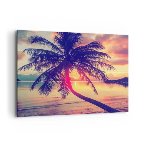 Bild auf Leinwand - Leinwandbild - Sonnenuntergang mit einer Palme über einem ruhigen Ufer - 100x70cm - Abend unter Palmen - Moderne Wanddekoration für Wohnzimmer und Schlafzimmer ARTTOR