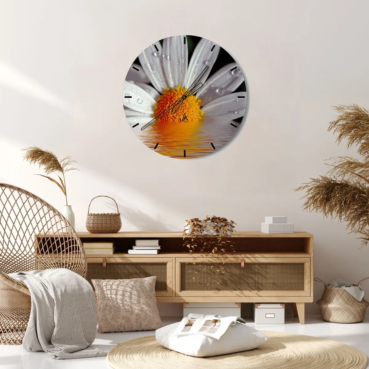 Wanduhr - Glasuhr - Makro eines Gänseblümchens mit Wassertropfen auf den Blütenblättern - 30x30cm - Die aufgehende Sonne der Gänseblümchen - Moderne Wanddekoration für Wohnzimmer, Küche und Schlafzimmer ARTTOR