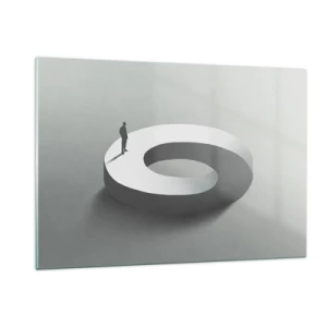 Glasbild - Bild auf glas - Eine minimalistische Silhouette eines Mannes auf einem weißen Ring - 120x80cm - Und wie soll man davon klug werden - Moderne Wanddekoration für Wohnzimmer und Schlafzimmer ARTTOR