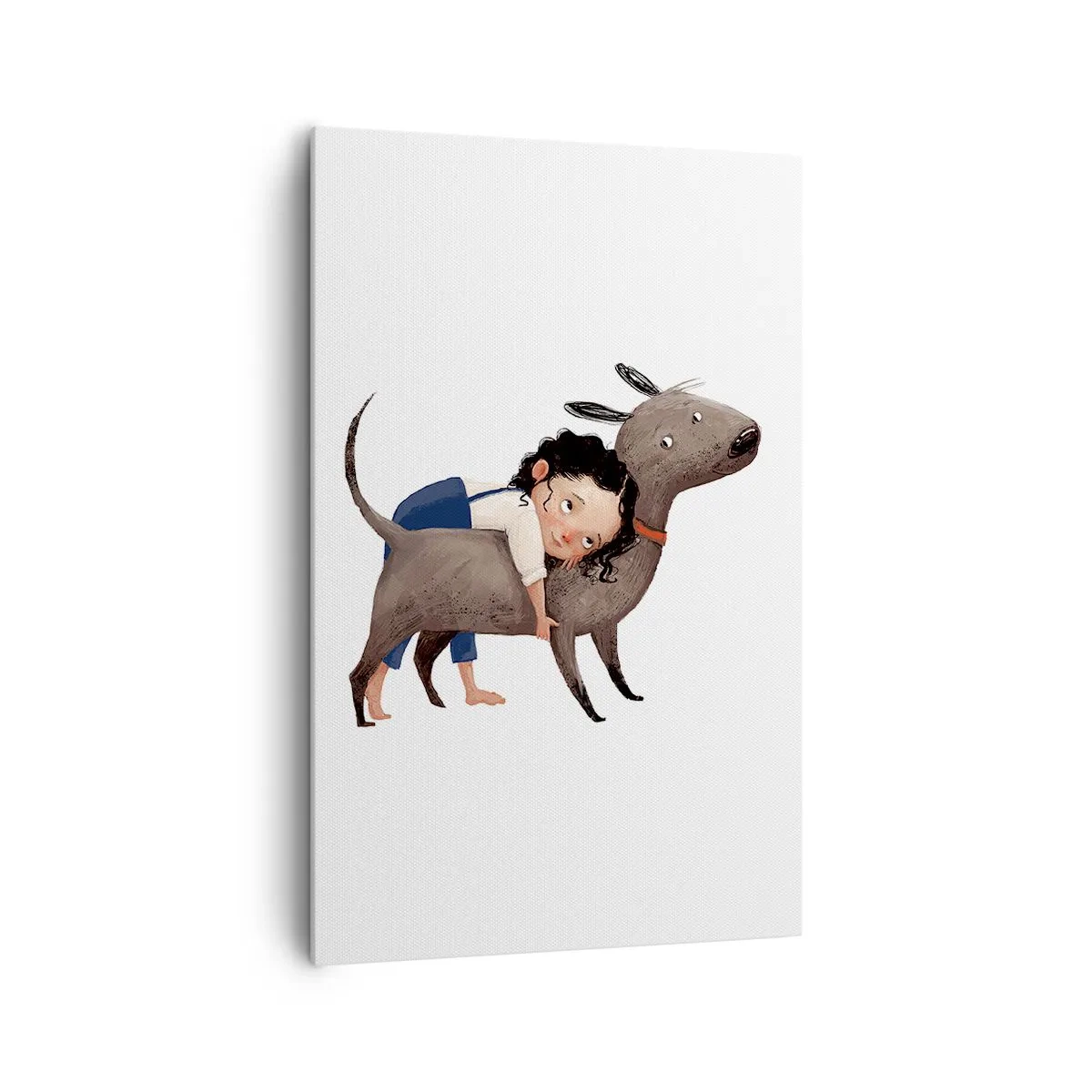 Bild auf Leinwand - Leinwandbild - Cartoonartige Illustration eines Kindes, das einen Hund umarmt - 80x120cm - Beste Freunde - Moderne Wanddekoration für Wohnzimmer und Schlafzimmer ARTTOR