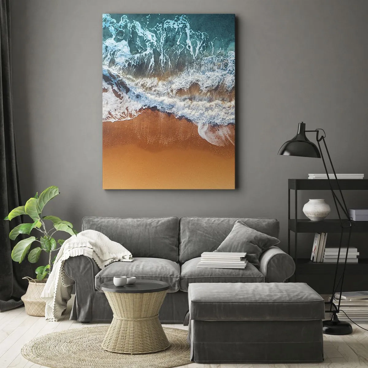 Bild auf Leinwand - Leinwandbild - Luftaufnahme der Meereswellen, die an die Küste krachen - 70x100cm - Immer Hand in Hand - Moderne Wanddekoration für Wohnzimmer und Schlafzimmer ARTTOR