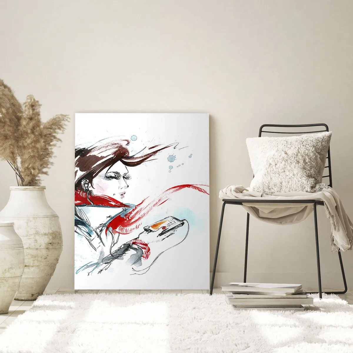 Glasbild - Bild auf glas - Eine Frau in einem roten Schal mit dynamischen Aquarellstrichen - 80x120cm - Mit mir stimmt was nicht - Moderne Wanddekoration für Wohnzimmer und Schlafzimmer ARTTOR