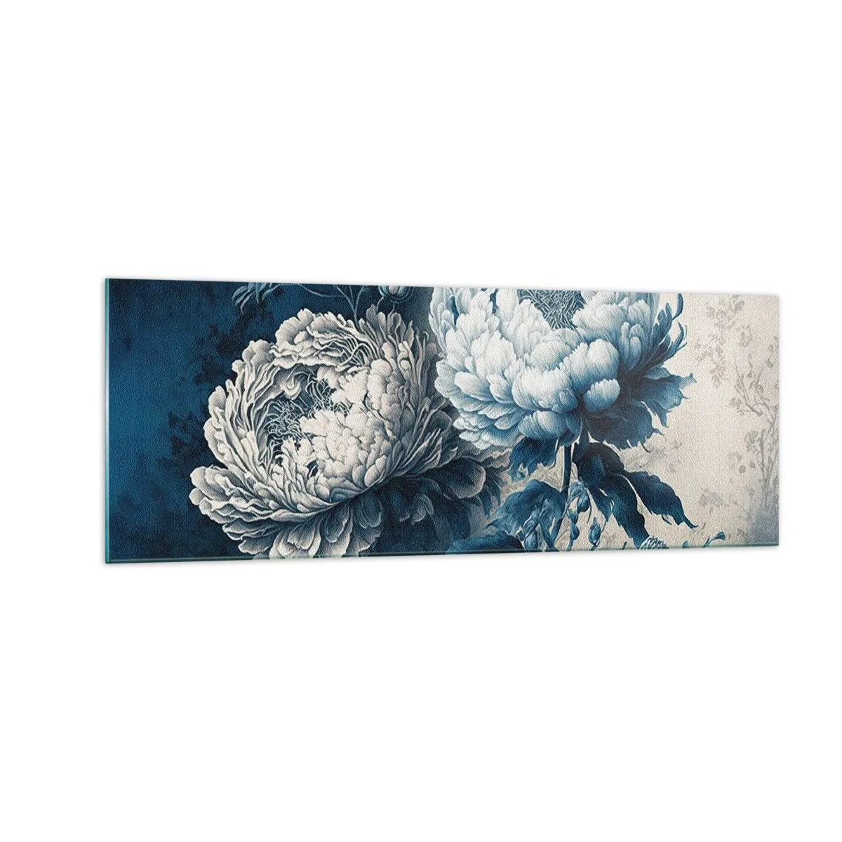 Glasbild - Bild auf glas - Blaue Pfingstrosen auf dezentem Untergrund mit zartem Muster - 140x50cm - Passendes Paar - Moderne Wanddekoration für Wohnzimmer und Schlafzimmer ARTTOR