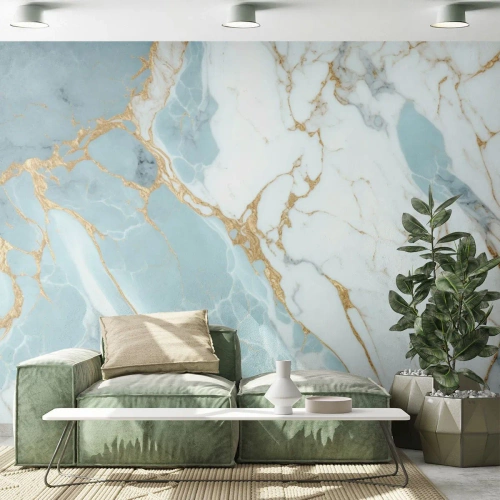 Fototapete Premium Sand - Marmormuster in Blau und Weiß mit goldenen Akzenten - 100x70cm - Reichtum des Steins - Moderne Wanddekoration für Wohnzimmer und Schlafzimmer ARTTOR
