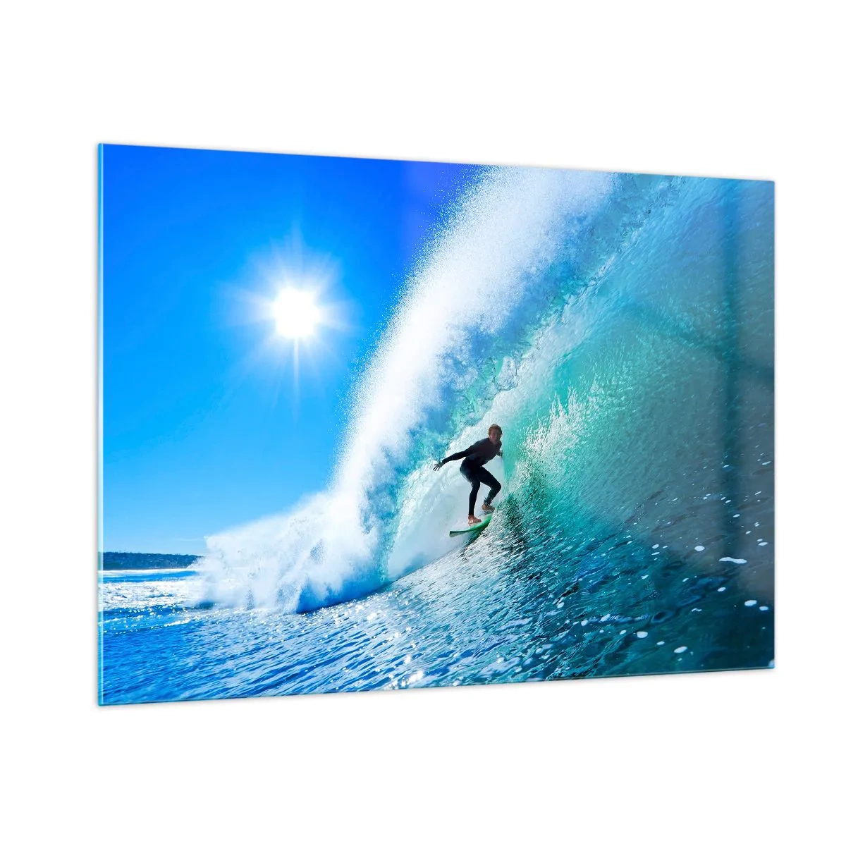 Glasbild - Bild auf glas - Surfer auf einer Welle an einem sonnigen Tag - 100x70cm - Durch das große Blau - Moderne Wanddekoration für Wohnzimmer und Schlafzimmer ARTTOR