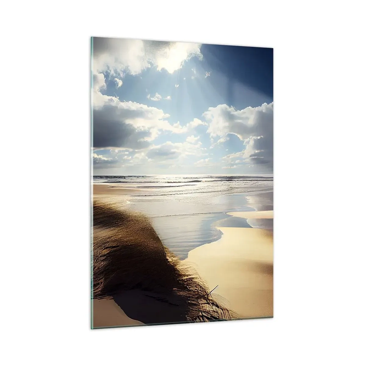 Glasbild - Bild auf glas - Ein wilder Strand, beleuchtet von den Sonnenstrahlen unter den Wolken - 50x70cm - Strand, wilder Strand - Moderne Wanddekoration für Wohnzimmer und Schlafzimmer ARTTOR