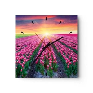 Wanduhr - Glasuhr - Ein Tulpenfeld bei Sonnenuntergang - 30x30cm - Schönheitsfarm - Moderne Wanddekoration für Wohnzimmer und Schlafzimmer ARTTOR