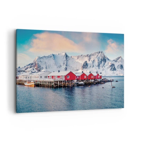 Bild auf Leinwand - Leinwandbild - Rote Häuser vor dem Hintergrund schneebedeckter Berge und des blauen Meeres - 120x80cm - Nördlicher Rückzug - Moderne Wanddekoration für Wohnzimmer und Schlafzimmer ARTTOR