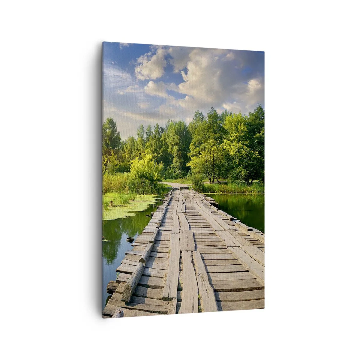 Bild auf Leinwand - Leinwandbild - Eine malerische Landschaft mit einer Brücke und einem Schwan - 80x120cm - Sommer, Sommer überall - Moderne Wanddekoration für Wohnzimmer und Schlafzimmer ARTTOR