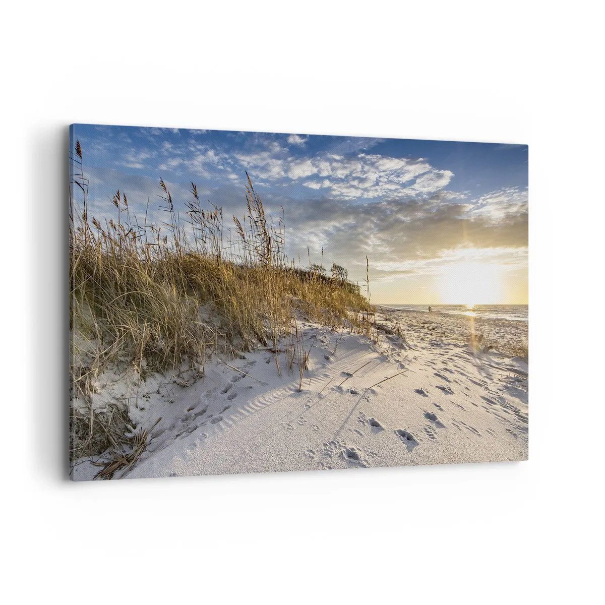 Bild auf Leinwand - Leinwandbild - Dünen mit Gras und Fußspuren im Sand bei Sonnenuntergang - 120x80cm - Einladung zu einem Spaziergang - Moderne Wanddekoration für Wohnzimmer und Schlafzimmer ARTTOR