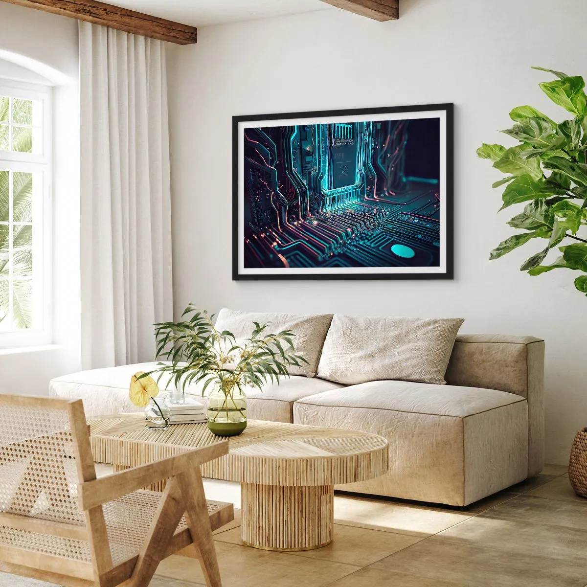 Poster in einem schwarzem Rahmen - Technologische Leiterplatte mit beleuchteten Spuren - 100x70cm - Ich denke nur… - Moderne Wanddekoration für Wohnzimmer und Schlafzimmer ARTTOR