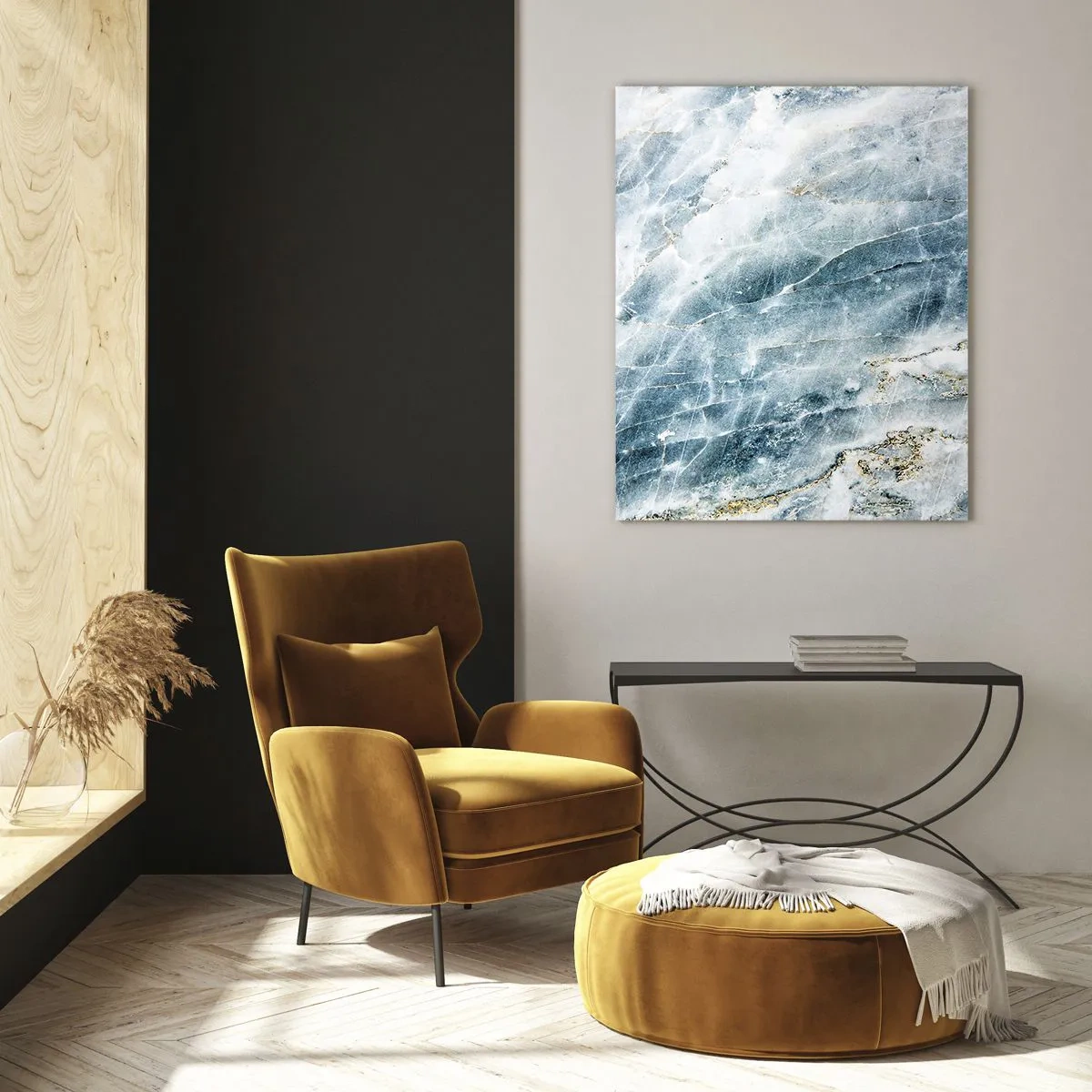 Glasbild - Bild auf glas - Abstrakte Eismarmorstruktur in Blau- und Weißtönen - 50x70cm - Eiswelt - Moderne Wanddekoration für Wohnzimmer und Schlafzimmer ARTTOR