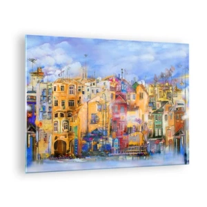 Glasbild - Bild auf glas - Bunte Mietshäuser in einem künstlerischen Stadtbild - 70x50cm - Wir sind zusammen - Moderne Wanddekoration für Wohnzimmer und Schlafzimmer ARTTOR