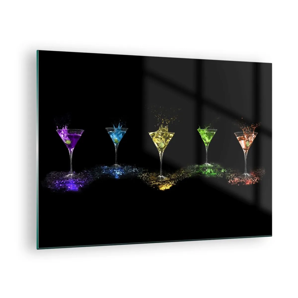 Glasbild - Bild auf glas - Bunte Getränke in Gläsern auf schwarzem Hintergrund - 70x50cm - Farben der Freude in Kristallglas - Moderne Wanddekoration für Wohnzimmer und Schlafzimmer ARTTOR