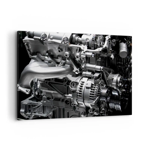 Bild auf Leinwand - Leinwandbild - Nahaufnahme von metallischen Motorteilen auf schwarzem Hintergrund - 100x70cm - Stahl, schön, stark - Moderne Wanddekoration für Wohnzimmer und Schlafzimmer ARTTOR