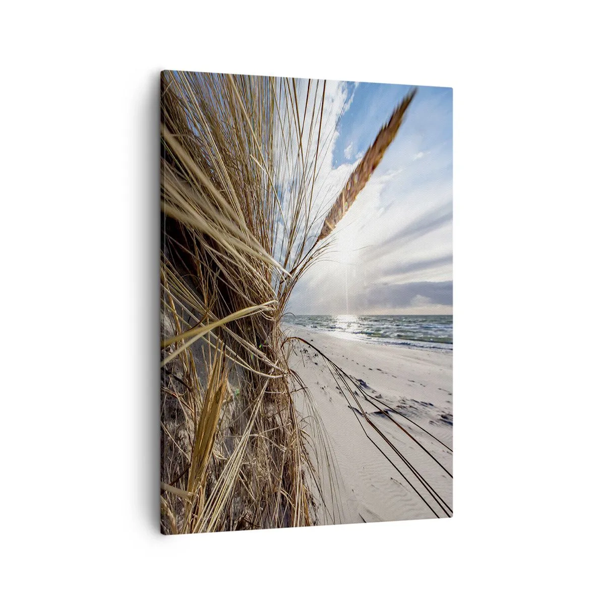 Bild auf Leinwand - Leinwandbild - Ein Strand mit trockenem Gras auf den Dünen und Blick auf das Meer - 50x70cm - Ein Treffen der Elemente der Natur - Moderne Wanddekoration für Wohnzimmer und Schlafzimmer ARTTOR