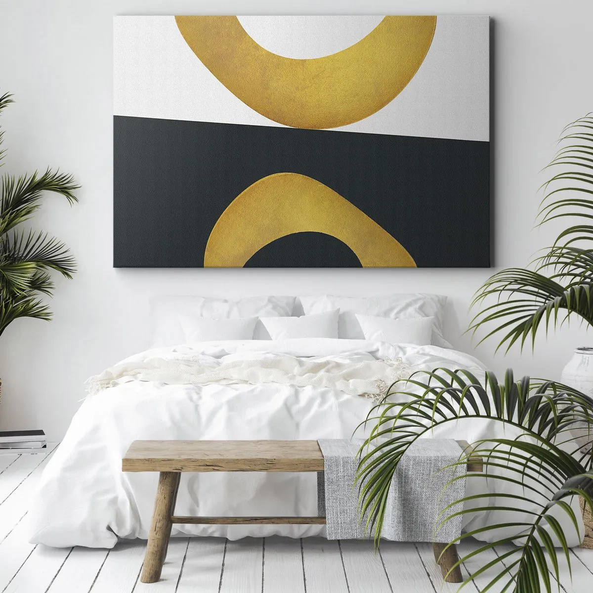 Bild auf Leinwand - Leinwandbild - Geometrische Formen in Gold auf weißem und dunklem Hintergrund - 70x50cm - Erstens: Gold - Moderne Wanddekoration für Wohnzimmer und Schlafzimmer ARTTOR